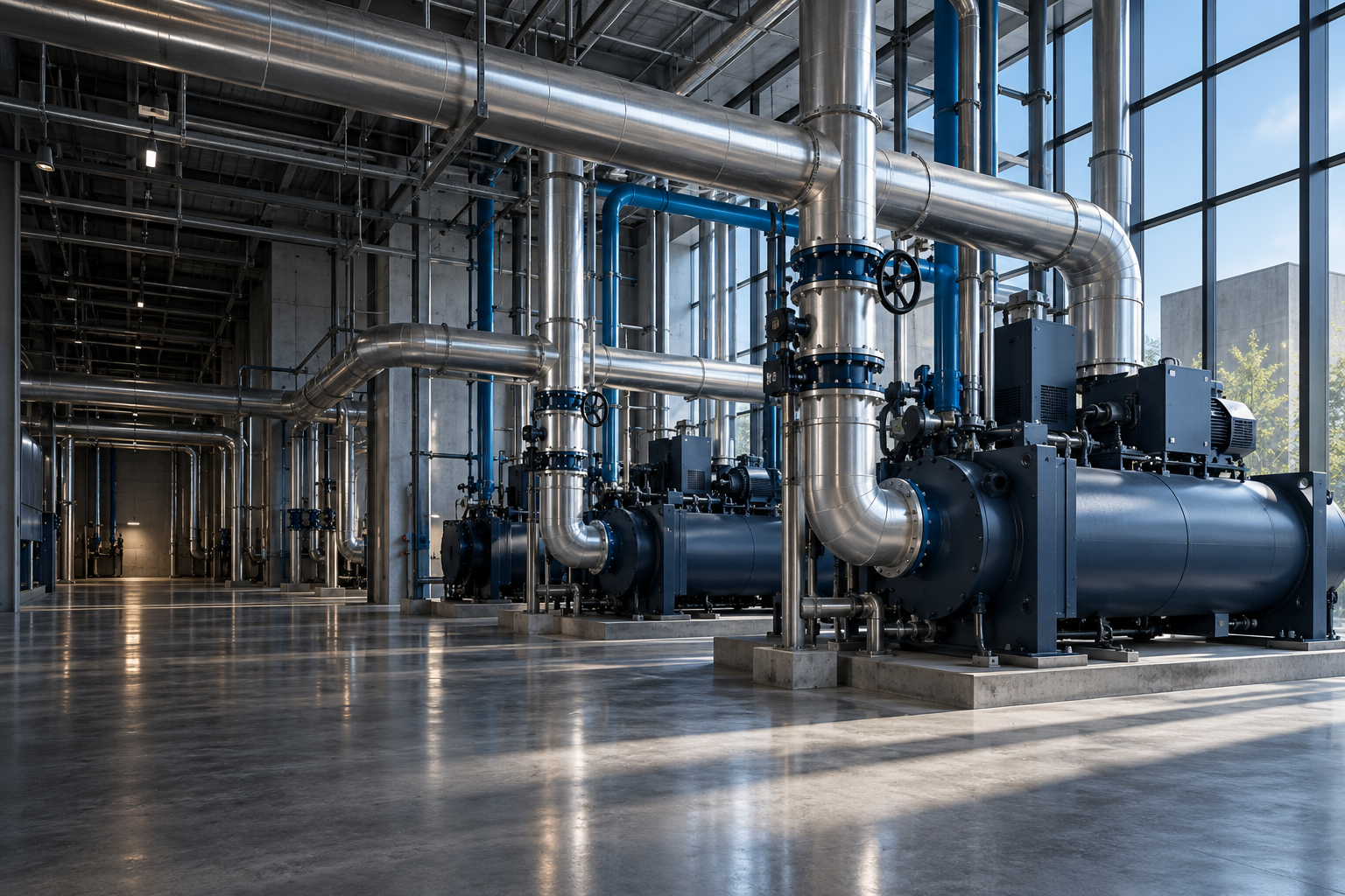 Illustrative visualization of a commercial mechanical plant with chillers and insulated piping